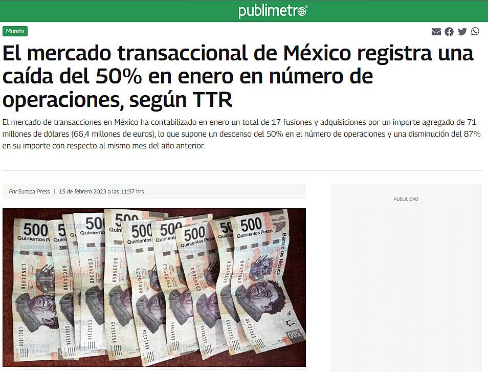 El mercado transaccional de Mxico registra una cada del 50% en enero en nmero de operaciones, segn TTR